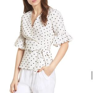 Anthropologie Wayf Kaitlyn Wrap Top Blouse Black White Polka Dot Embroidered